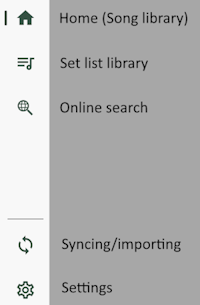 Navigation bar showing, in order, the song library, set list library, online search, syncing and importing and settings