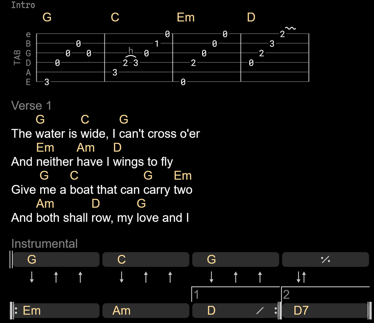 A song in Chordle with a fingerpicked tablature intro drawn as a tab staff, chords over the lyrics, and an instrumental chord grid drawn as blocks with strum arrows, repeats and endings