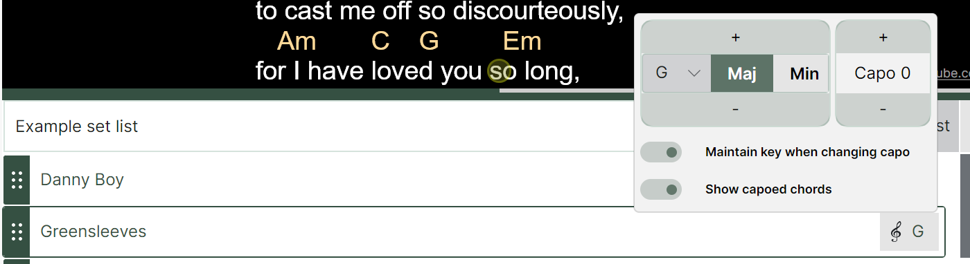 A screenshot of the Chordle app showing the key and capo picker menu overlaying the set list panel next to the song entry for ‘Greensleeves’.