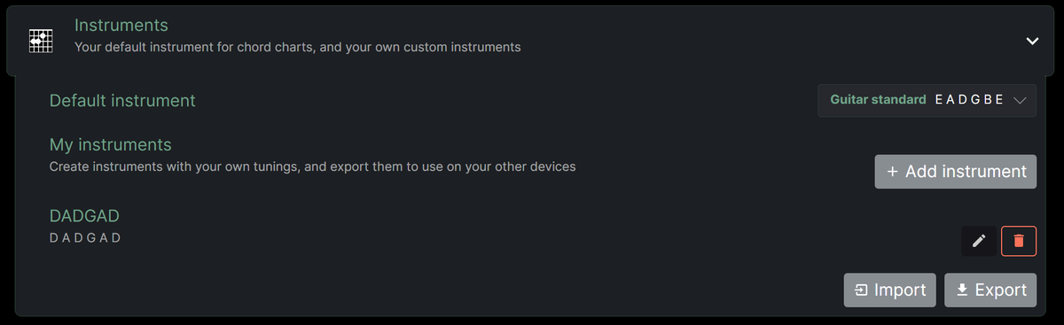 The Instruments section of the settings. Under My instruments is the new DADGAD instrument, tuned D A D G A D, with edit and delete buttons, and Import and Export buttons below it.