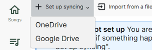 Screenshot of the “Set up syncing” drop down menu in the syncing toolbar. Options are OneDrive and Google Drive.
