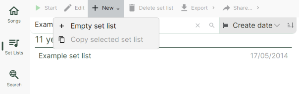 A screenshot of the toolbar from the Set List library showing the “New” menu expanded to show “Empty set list” and “Copy selected set list” menu items