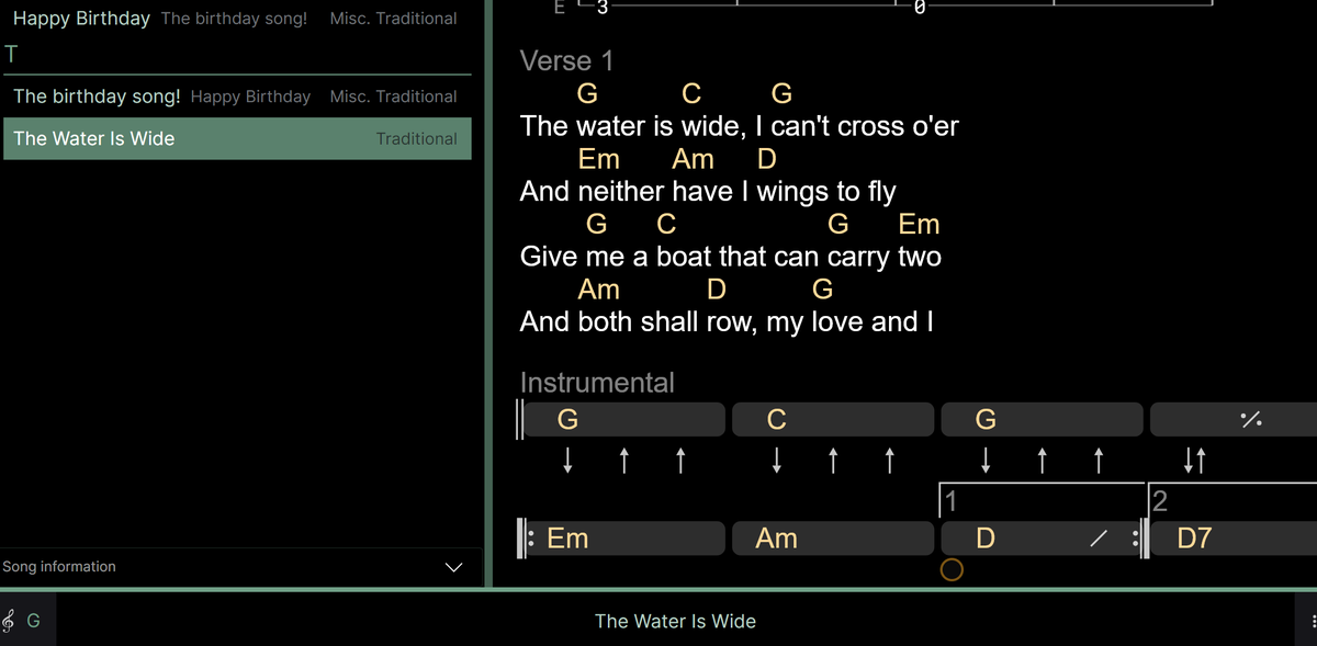 A screenshot of a song displaying a grid section, with the chords laid out in bars