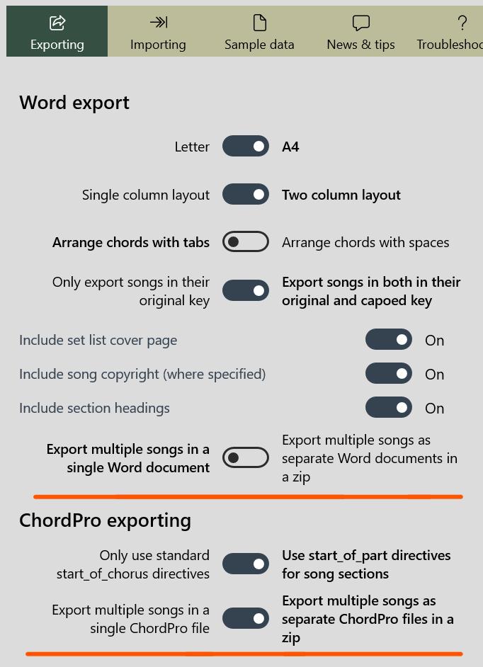 Screenshot of the export settings panel