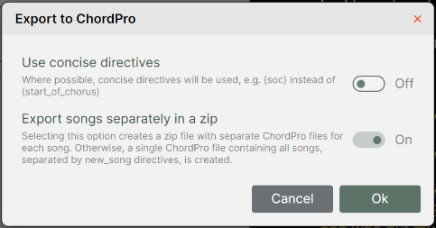 A Chordle ‘Export to ChordPro’ dialog box featuring settings for using concise directives and exporting songs separately in a zip or in a single combined file.