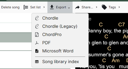 A screenshot of the Song Library export menu in Chordle. Options shown are “Chordle”, “Chordle Legacy”, “ChordPro”, “PDF” and “Microsoft Word”. An additional option for exporting the entire song index to CSV is shown at the end.