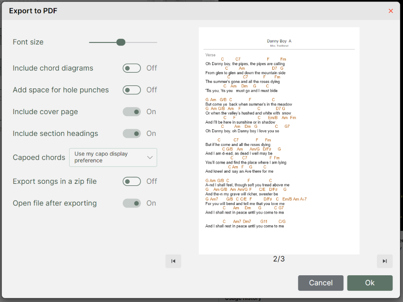 A Chordle ‘Export to PDF’ dialog box featuring settings for font size, chord diagrams, hole punch space, cover pages, and section headings, alongside a live preview of the song ‘Danny Boy’.