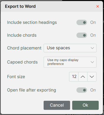 A Chordle ‘Export to Microsoft Word’ dialog box featuring settings for including section heading, including chords, chord placement, capoed chords and font size.