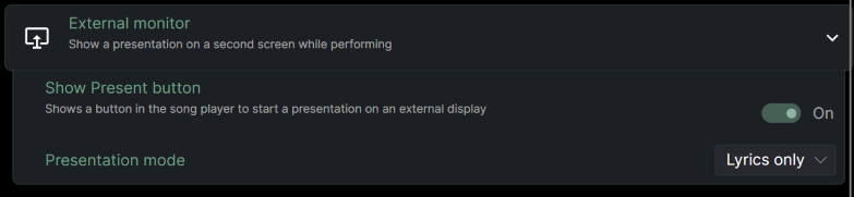 A settings panel titled “External monitor” containing a toggle switch for “Show Present button” set to “On” and a dropdown menu for “Presentation mode” set to “Lyrics only”.
