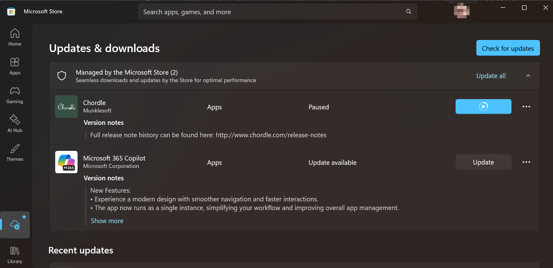 A screenshot of the Microsoft Store showing the Check for updates button and an update for Chordle pending