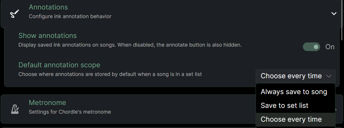 A screenshot showing the annotation settings, with options to change the default annotation scope shown as “Choose every time”, “Save to set list” and “Always save to song”. A separate option for hiding annotations altogether is visible.