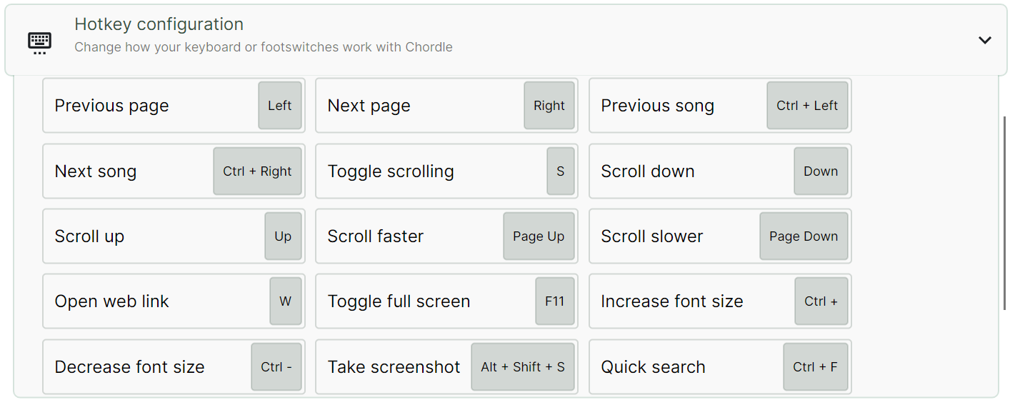Screenshot of the various hotkeys that can be configured in Chordle under the &ldquo;Hotkey configuration&rdquo; settings section.