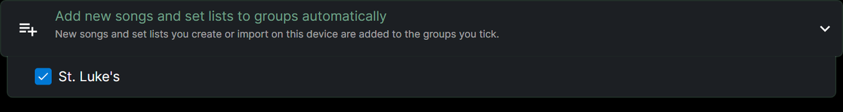 The “Add new songs and set lists to groups automatically” setting on the sync panel, with St. Luke’s ticked