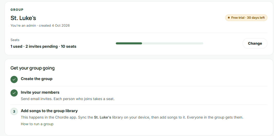 The group’s page for St. Luke’s, showing the trial end date, seats used and a “Get your group going” checklist