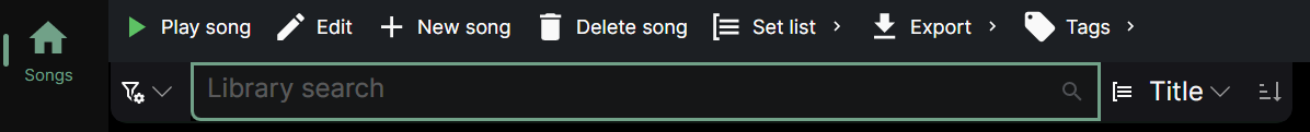 Screenshot of the library search bar. From left to right: a &ldquo;filters&rdquo; button, the Library search textbox, a sorting and grouping dropdown menu and an option for sorting ascending or descending