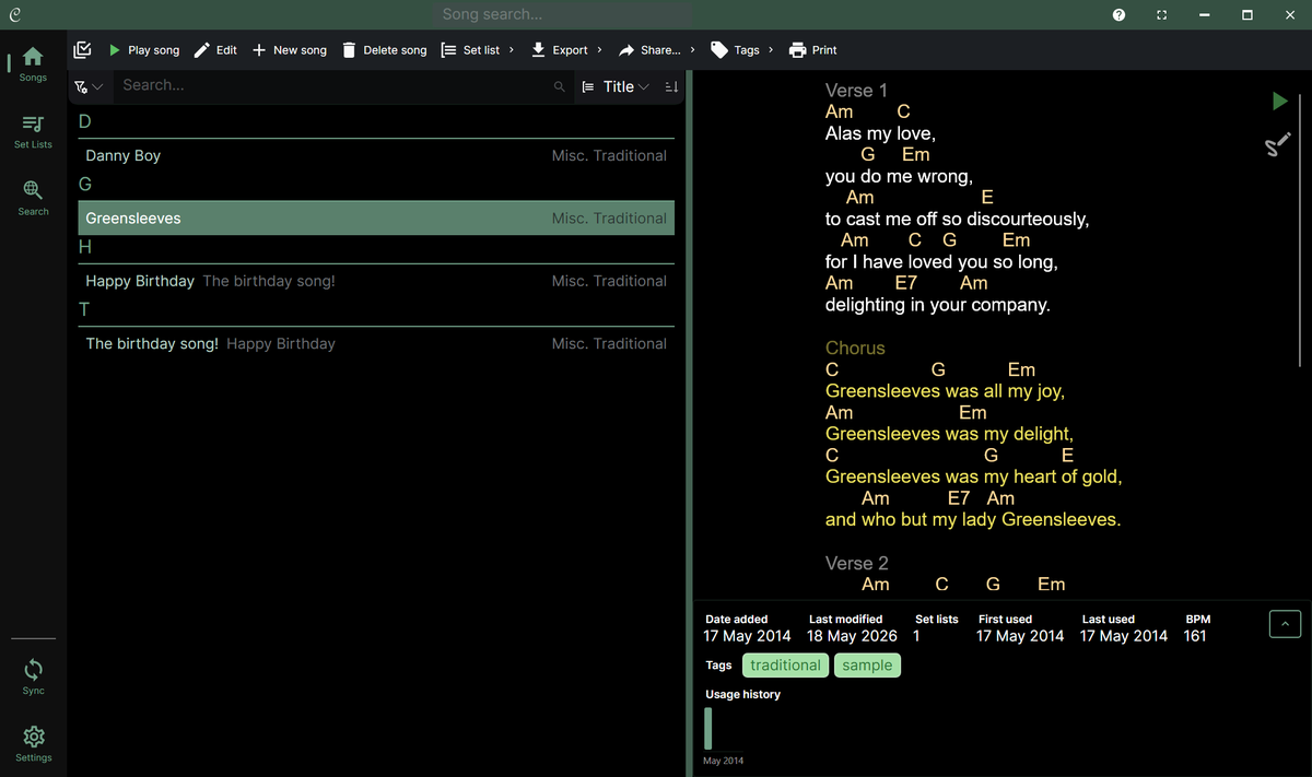 A screenshot of the Chordle interface featuring a dark theme. The UI is divided into a navigation sidebar on the left, a searchable song library list in the center, and a large preview pane on the right displaying chords and lyrics for the selected song, &ldquo;Greensleeves.&rdquo; A toolbar at the top contains buttons for song management and playback, while the bottom right shows song metadata like BPM and tags.