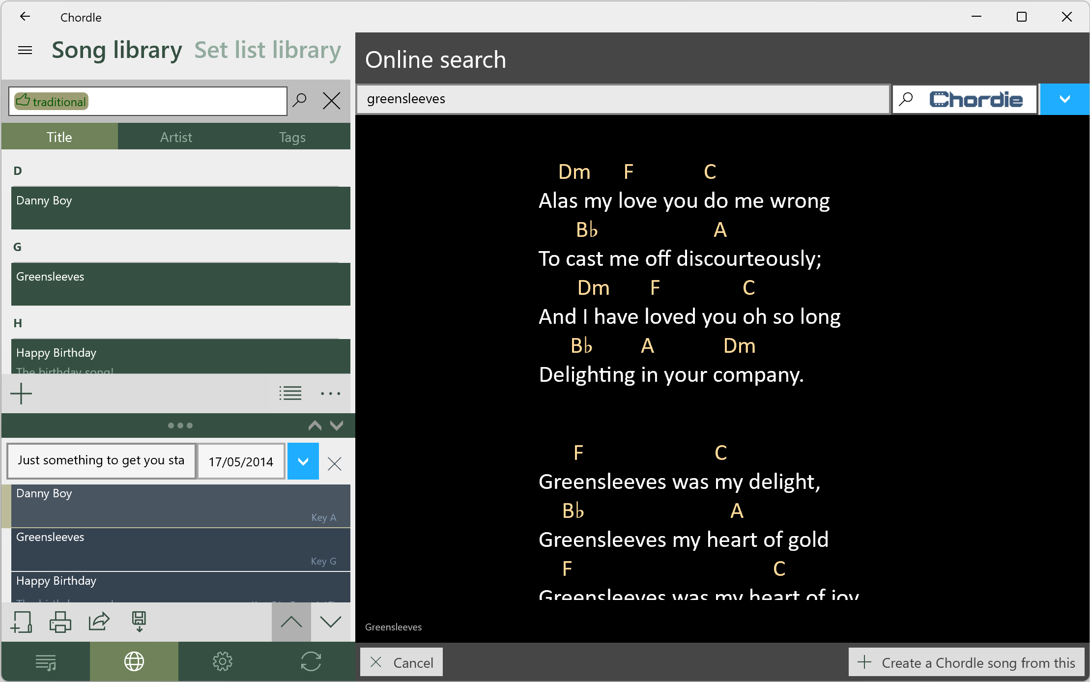 Screenshot showing a song selected from the web search result with the “Create a Chordle song from this” in the bottom right of the window
