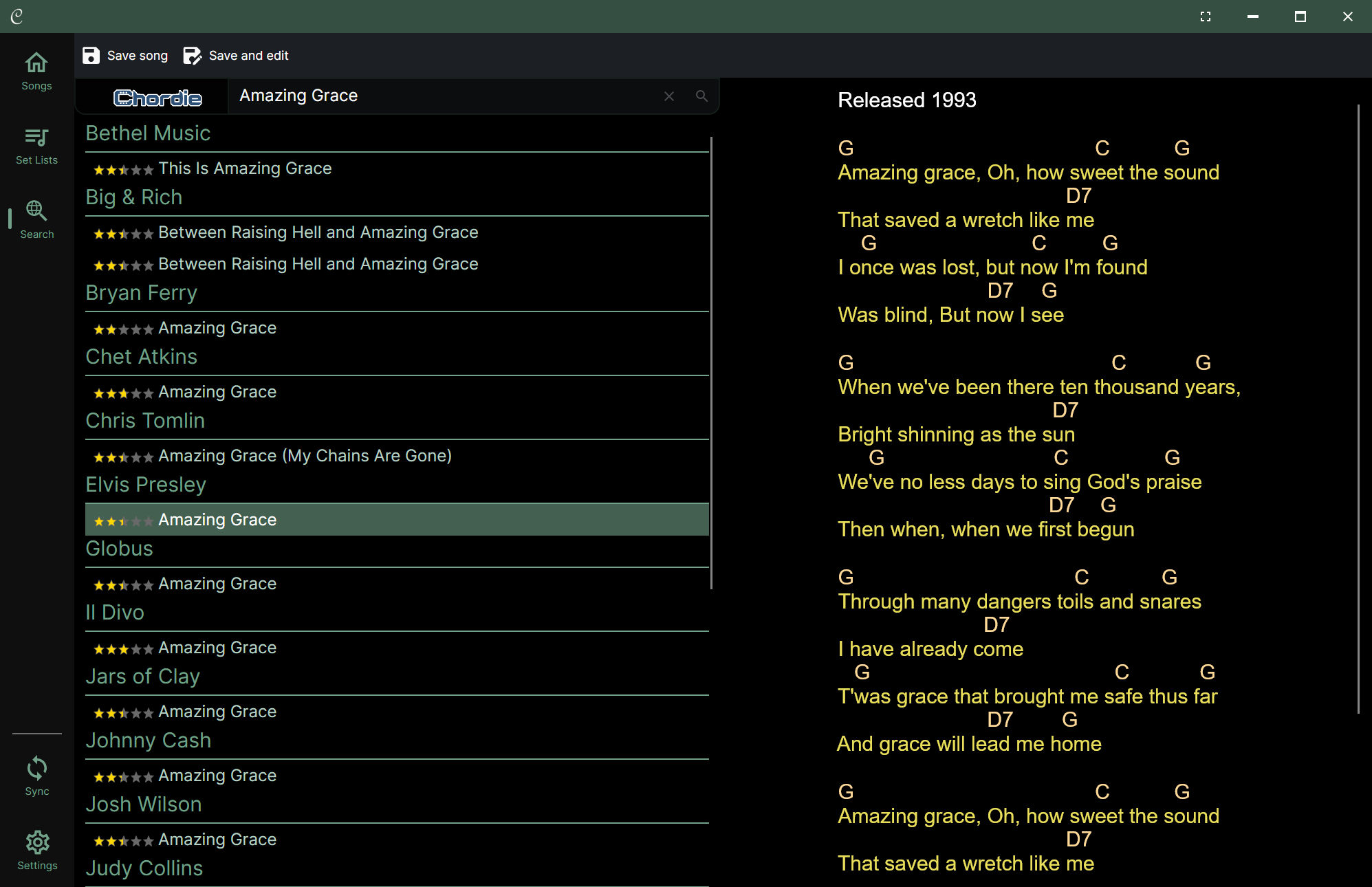A screenshot of the Chordle ‘Search’ interface. Screen is split into a results list on the left and a song preview on the right. The search bar at the top shows a query for ‘Amazing Grace’ using the ‘Chordie’ search provider. The results list displays various versions of the song grouped by artist (e.g., Elvis Presley, Chris Tomlin) with star ratings. The preview pane on the right shows the lyrics and chords for the selected Elvis Presley version. The top toolbar includes options to save the song."